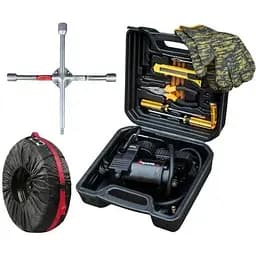 Комплект Poputchik Компрессор 35 л/мин в кейсе + Чехол для колес R14-17 + Ключ крестообразный