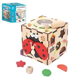 Деревянный бизикуб MD 0894-2 с сортером, шестернями, лабиринтом, подвижными деталями, ручкой и люком-лупой