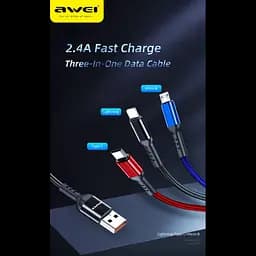Кабель для заряджання телефонів AWEI CL 971 3 в 1 USB to Type-C+Lightning+MicroUSB 2,4A - мініатюра 2