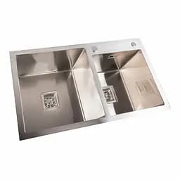 Кухонная мойка Platinum Handmade HDB 780x430x230 на две чаши (квадратный сифон, 3.0/1.0), Нержавеющая сталь