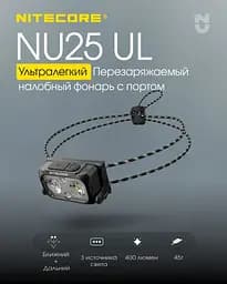 Налобний легкий ліхтарик Nitecore NU25 UL New з білим та червоним світлом (Чорний) - мініатюра 6