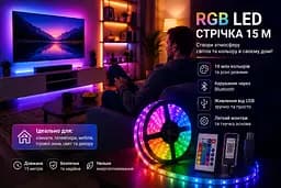 Гнучка світлодіодна стрічка RGB USB 15 м / Стрічка на USB на монітор, меблі + пульт / LED стрічка від павербанку - мініатюра 3