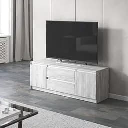 Тумба під телевізор Vays, для вітальні, сучасна, 2 висувних ящика та дві двері, без ручок R-28 Бетон-Білі планки