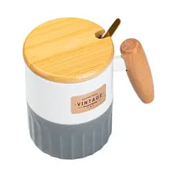 Чашка керамічна Happy Life Vintage з бамбуковою кришкою і сіра ложкою з білим 400 мл HP7204G - мініатюра 3