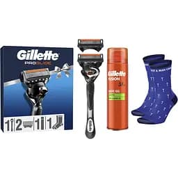 Уцінка. Подарунковий набір Gillette Fusion 5: станок для гоління чоловічий Proglide Flexball з 2 змінними картриджами + гель для гоління для чутливої шкіри 200 мл + шкарпетки