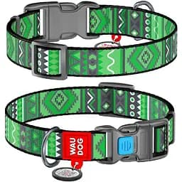 Нашийник для собак Waudog Nylon нейлоновий c QR паспортом, малюнок Етно зелений, пластиковий фастекс, L, Ш 25 мм, Дов 31-49 см