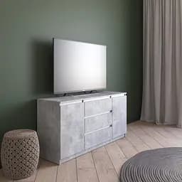 Комод під телевізор Vays R-15 Бетон-Білі планки, 3 шухляди та 2 відділення з полицями, без ручок, ЛДСП, 140×40×75 см - для спальні, вітальні