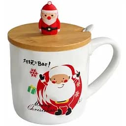 Новорічна чашка Olens 102-1086-1 Новорічна братва кераміка з бамбуковою кришкою та ложкою 380 мл