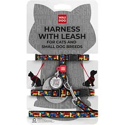 Шлея с поводком для кошек и мелких пород собак Waudog Nylon Блоки с QR паспортом XS 25-40x20-30x1/122 см