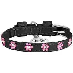 Нашийник для собак Waudog Glamour зі стразами Квіточка, шкіряний, з QR паспортом, XS, 19-25х0,9 см, чорний