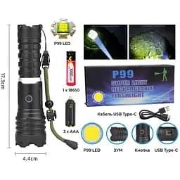 Ручний ліхтар RB-267 акумуляторний із зумом Zoom P99 18650 Type-C - мініатюра 2