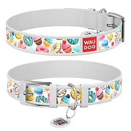 Нашийник для собак шкіряний Waudog Design з QR-паспортом "Пончики" M Ш 20 мм Д 29-38 см білий