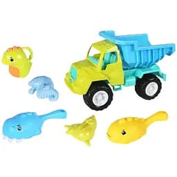 Пісочний набір KZ 6437-1 яскравий самоскид з лопаткою, граблями та формочками для ігор на вулиці