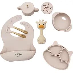 Набір силіконового дитячого посуду Cheeks для прикорму на присосках із харчового силікону бежевий з гризунком прорізувачем-брязкальцем  Жираф
