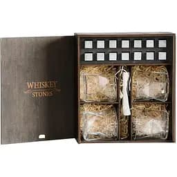 Подарочный набор Whiskey Stones камни для виски в деревянном пенале №4 - 4 стакана Bormioli Rocco Cassiopea + щипцы + мешочек