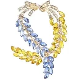 Брошь-булавка колоски пшеницы 6 x 4.2 см со стразами Желто-Голубая