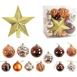 Набір новорічних прикрас 30 кульок із зірочкою у наборі, золотого, коричневого та помаранчевого кольору (160775)