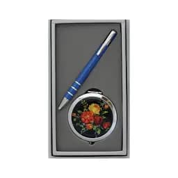 Набір подарунковий кулькова ручка Блакитна + дзеркало Квіти