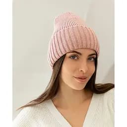 Жіноча в'язана шапка біні класік 20% вовна з відворотом Світло Рожевий