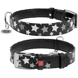 Нашийник для собак Waudog Glamour шкіряний з QR паспортом, візерунок Зірочка, що світиться/світловідбиваючий, M, Ш 25 мм, Дов 38-49 см (4823089301327)