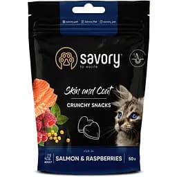 Хрустящие лакомства для кошек Savory для здоровья кожи и шерсти лосось с малиной 50 г 