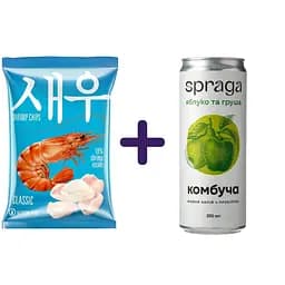 Набір: Чипси Shrips креветкові класичні 50 г + Напій Spraga Комбуча Яблуко та Груша слабогазований 330 мл з/б - мініатюра 1