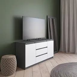 Комод під телевізор Vays R-15 Антрацит-Білий фасад, 3 шухляди та 2 відділення з полицями, без ручок, ЛДСП, 140×40×75 см - для спальні, вітальні Білий фасад