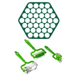 Комплект пельменниця пластикова та набір 3 дискових тесторізів: для чебурок, пельменів, нарізування локшини Зелений, Kitchette 85171