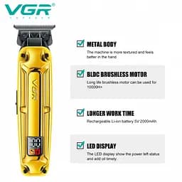 Акумуляторна машинка для стрижки VGR V-904 GOLD, 4 насадки, 2000 mAh, LED display дисплей - мініатюра 4