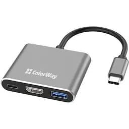 Хаб Usb ColorWay 3-in-1, Grey, Type-C 3.0 - 1xType-C 3.0 (100 Вт) / 1xUsb 3.0 / HDMI 4K, кабель 17 см, алюминиевый корпус