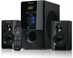 Колонки 2.1 REAL-EL M-555 Black, сателлиты 2 x 12.5 Вт, сабвуфер 30 Вт, МДФ, Bluetooth, FM-тюнер, USB/SD, дисплей, питание от сети 220V, управление спереди + пульт ДУ