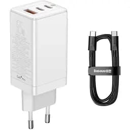 Зарядний пристрій Baseus 65 W GaN3 Pro + кабель 100 W USB Type C white CCGP050102