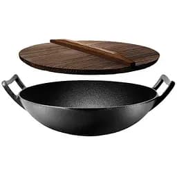 Вок казан Grilli чавунний 35.5x10 см з дерев'яною кришкою (9637)