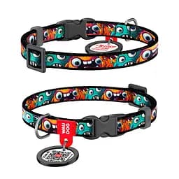 Нашийник для котів та дрібних порід собак нейлоновий Waudog Nylon з QR-паспортом "Зубасті монстри" пластиковий фастекс,
