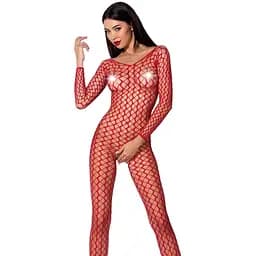 Бодистокинг Passion BS068 комбинезон крупная сетка длинный рукав S/M/L red
