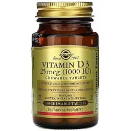Вітамін D3 Solgar 25 мкг (1000 МО) полунично-банановий 100 жувальних таблеток