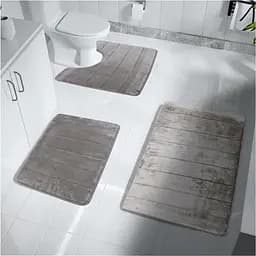 Набір 3 килимки для ванної Aquarius з ефектом пам'яті 50х80 см, 40х60 см, U-подібний 50х50 см Темно-Бежевий в смужку