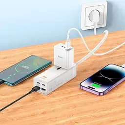 Мережевий подовжувач Hoco AC10A Barry PD65W GaN (2C2A with 1 socket) Desktop Charger White - мініатюра 5