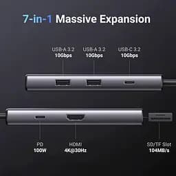 Док-станція USB3.1 Type-C --> HDMI 4K30Hz/USB 3.0x2/Type-C/SD/TF/ PD 100W CM498 7 in 1 Ugreen - мініатюра 6