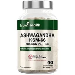 Ашваганда з чорним перцем True Health Ashwagandha KSM-66 + Black Piperine, 90 вегакапсул для боротьби зі стресом