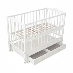 Детская кроватка Ангелина с откидной боковиной, шарнир-подшипником и ящиком бук белый