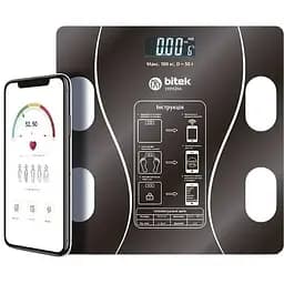 Підлогова електронна вага Bitek BT-1605 з квадратною скляною платформою та LED дисплеєм 180 кг Чорний