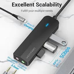 Хаб USB 3.1 Type-C -> 3xUSB 3.0/MicroUSB/3.5mm Sound Adapter чорний Vention - мініатюра 3