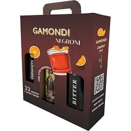 Набір Gamondi Negroni Джин Mr. Higgins London Dry Gin 37.5% 1 л + Лікер Gamondi Bitter 25% 1 л + Вермут Gamondi Vermouth Rosso Di Torino 18% 1 л в подарунковій упаковці