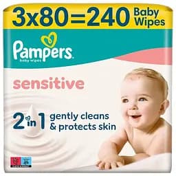 Дитячі вологі серветки Pampers Sensitive 240 шт. (3 упаковки x 80 шт.)