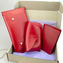 Подарочный женский набор HandyCover №55: Тревел конверт + футляр для очков + обложка на паспорт (красный)