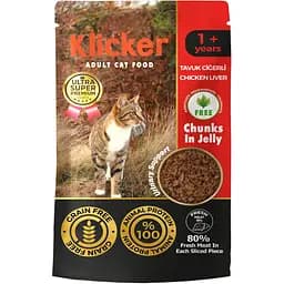 Вологий корм для дорослих котів Klicker шматочки курки та ліверу в желе 85 г
