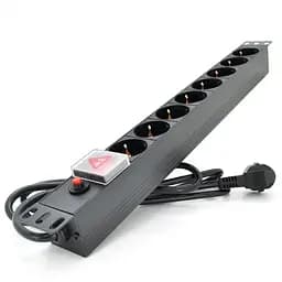 Подовжувач PiPo на 8 розеток з вимикачем + відсікач, 220В, німецький тип, 1U 19", алюмінієвий корпус, чорний довжина кабелю 1,8 м, Q25