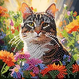 Алмазна мозаїка Strateg ПРЕМІУМ Кіт серед квітів на паперовій основі розміром 18х18 см (ZAV1818-12)