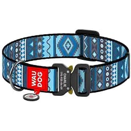 Ошейник для собак Waudog Nylon Этно синий, с QR паспортом, металлическая пряжка-фастекс, XXL, 43-70х3,5 см